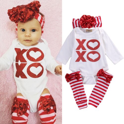 3PCS Newborn Infant Baby Girl Romper Bodysuit+Leg Warmers Outfits Valentine's Day Clothes Set - ebowsos