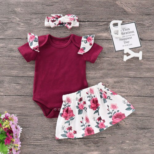 3PCS Newborn Kids Baby Girl Outfits Clothes Romper Bodysuit Tutu Skirt Headband Cotton Baby Clothing - ebowsos