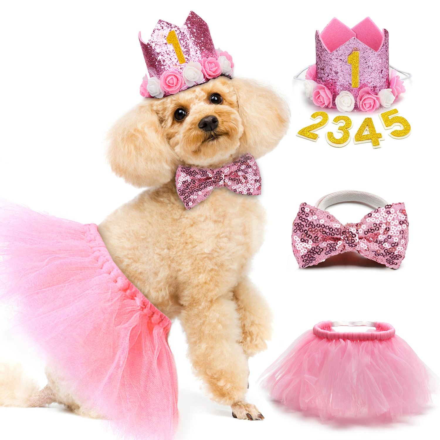 3PCS Pet Birthday Costume Set Fashion Sequin Birthday Hat With Bowtie Tutu Skirt Pet Clothing & Accessories Cat Dog Supplies-ebowsos