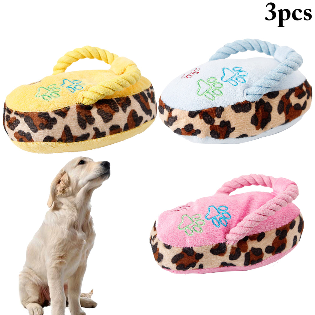 3PCS Plush Flip Flops Pet Teddy Toy Dog Paw Print Bite-Resistant Toy Dog Chew Toy 3 Color Package-ebowsos