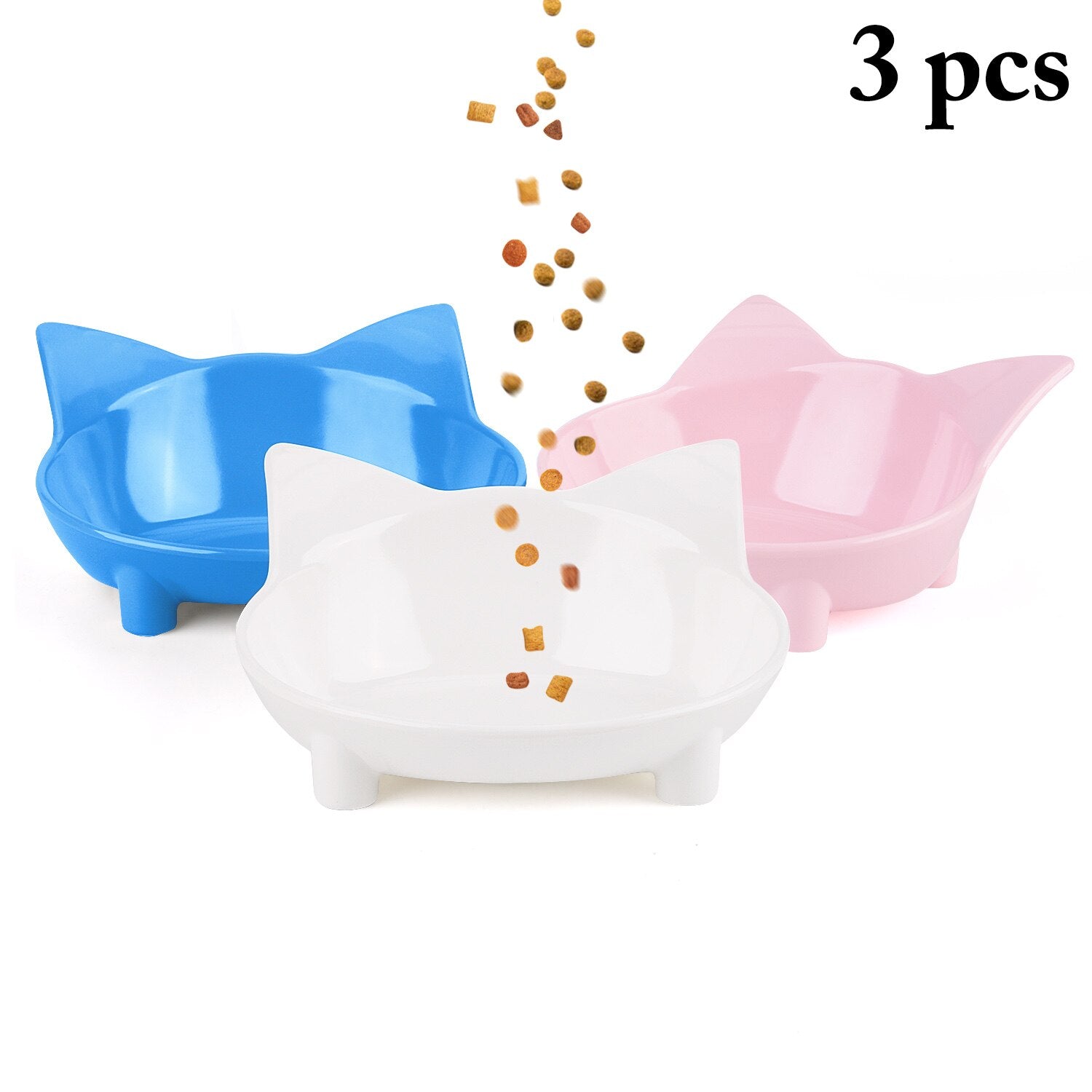 3PCS Safety And Environmental Protection Pet Bowl Cartoon Cat Shape Non-Slip Dog Bowl Cat Bowl For Food Water Pink Blue White-ebowsos