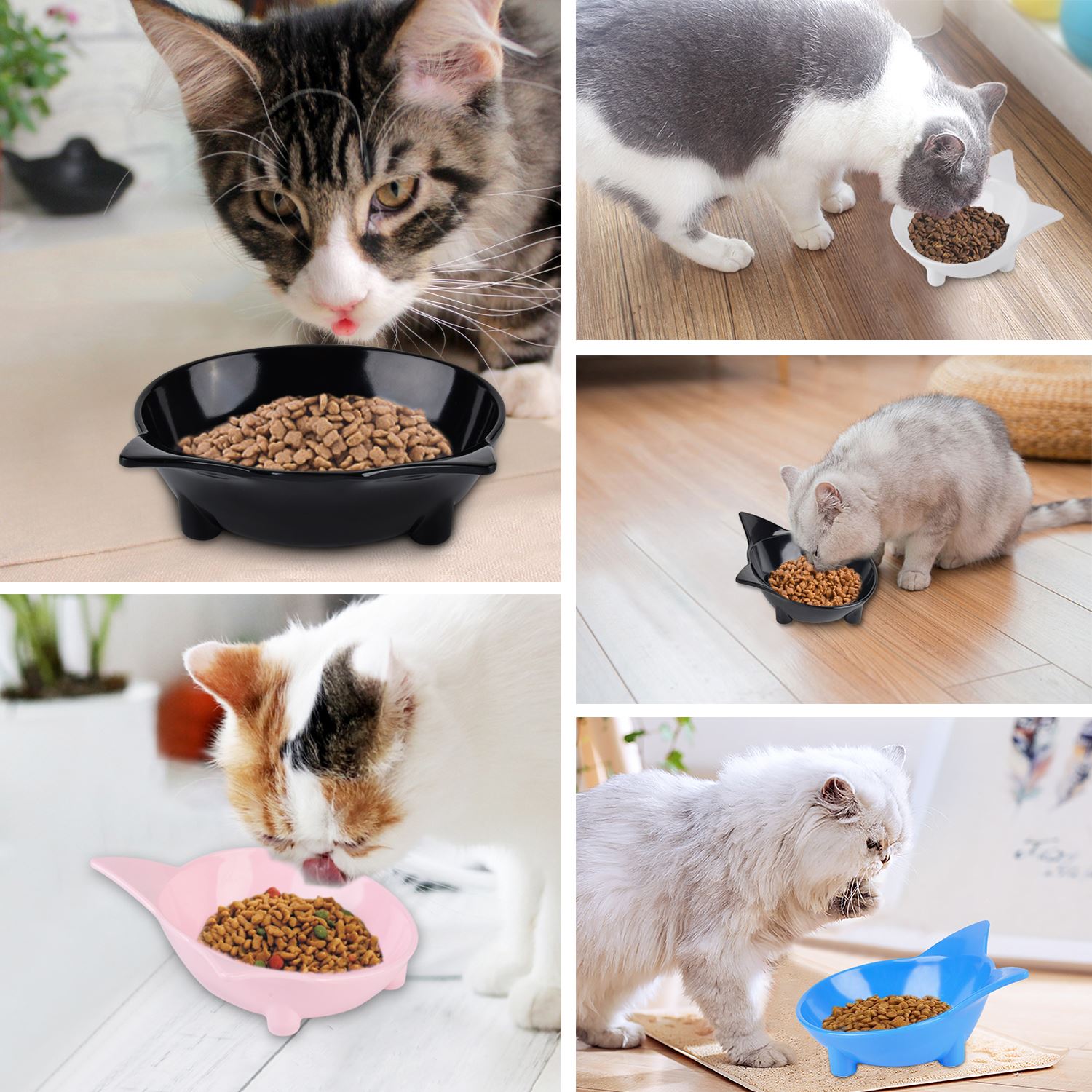 3PCS Safety And Environmental Protection Pet Bowl Cartoon Cat Shape Non-Slip Dog Bowl Cat Bowl For Food Water Pink Blue White-ebowsos