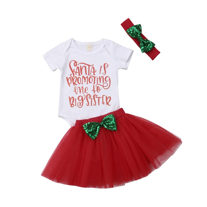 3PCS Santa Baby Girls Princess Big Sister Santa Romper+Tutu Skirts Red XMAS Summer Christmas Clothes - ebowsos