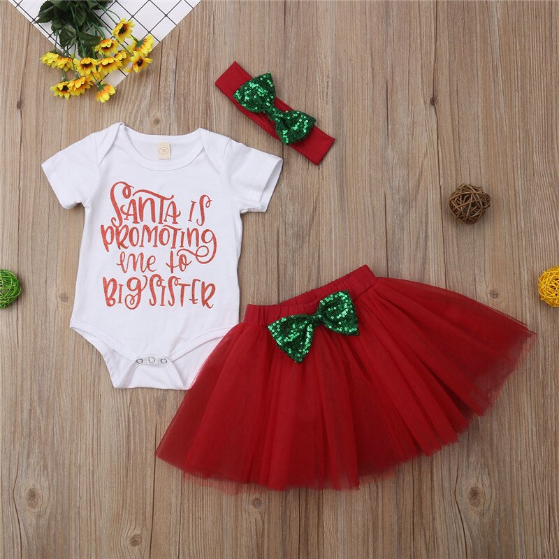 3PCS Santa Baby Girls Princess Big Sister Santa Romper+Tutu Skirts Red XMAS Summer Christmas Clothes - ebowsos