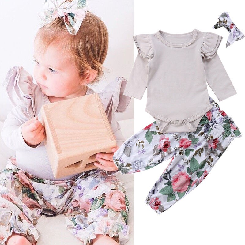 3PCS Set Newborn Baby Girl Clothes Romper Tops+ Floral Pants+Headband Outfits - ebowsos