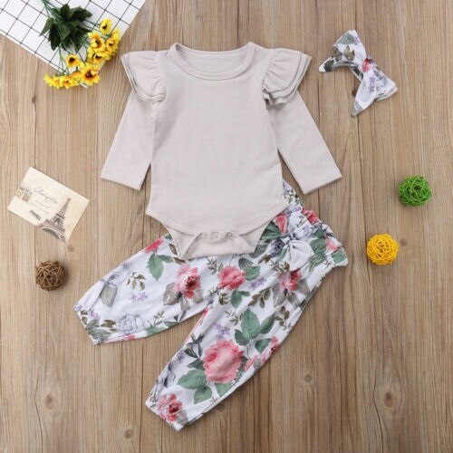 3PCS Set Newborn Baby Girl Clothes Romper Tops+ Floral Pants+Headband Outfits - ebowsos