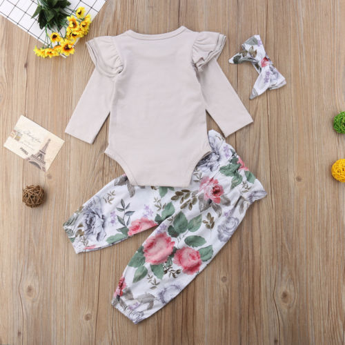 3PCS Set Newborn Baby Girl Clothes Romper Tops+ Floral Pants+Headband Outfits - ebowsos