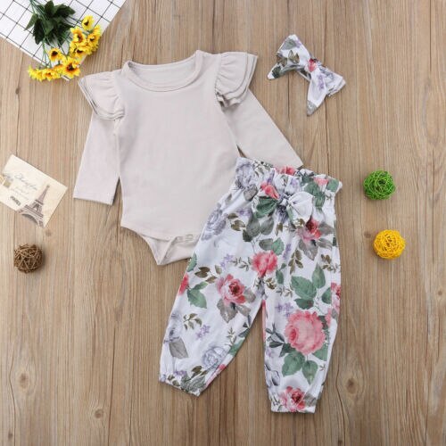 3PCS Set Newborn Baby Girl Clothes Romper Tops+ Floral Pants+Headband Outfits - ebowsos