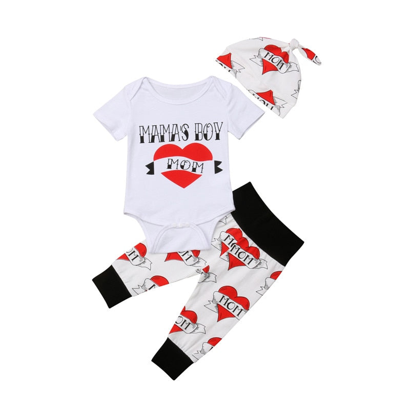 3PCS Valentine\'s Day Set Clothes Newborn Infant Baby Boy Romper Bodysuit + Leggings Pants Outfit - ebowsos