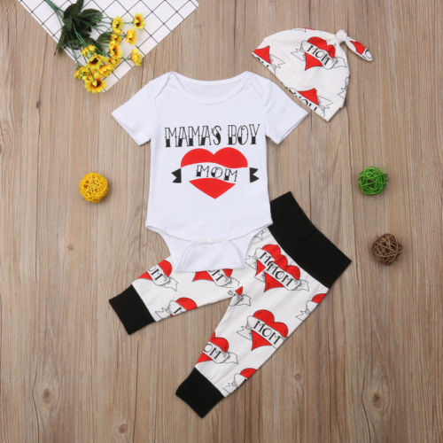 3PCS Valentine\'s Day Set Clothes Newborn Infant Baby Boy Romper Bodysuit + Leggings Pants Outfit - ebowsos