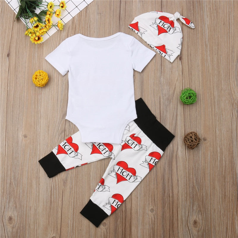 3PCS Valentine\'s Day Set Clothes Newborn Infant Baby Boy Romper Bodysuit + Leggings Pants Outfit - ebowsos