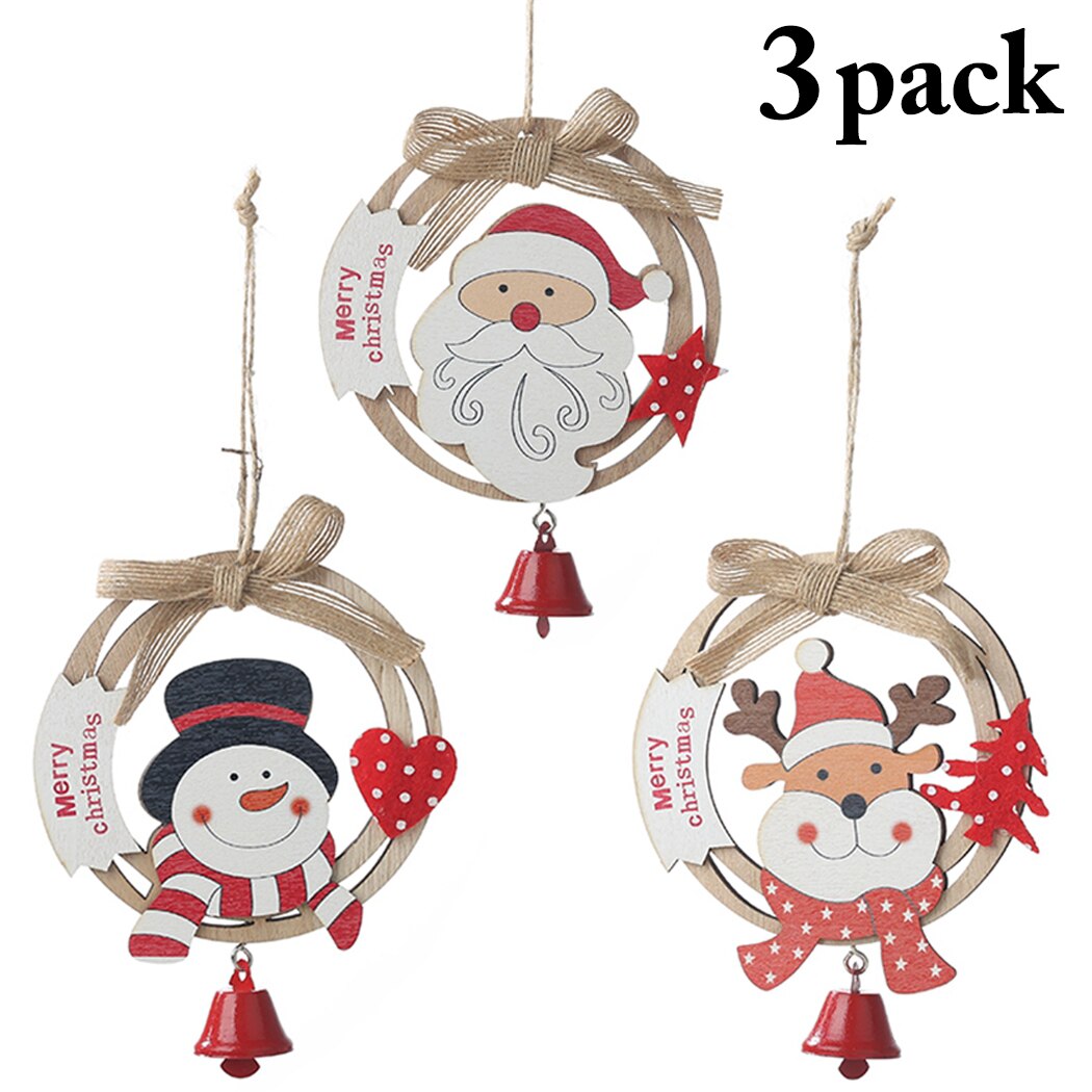 3PCS Wooden Christmas Hanging Ornament Cute Bowknot Bell Wood Christmas Tree Ornament Wreath DIY Accessories For Festival Party-ebowsos