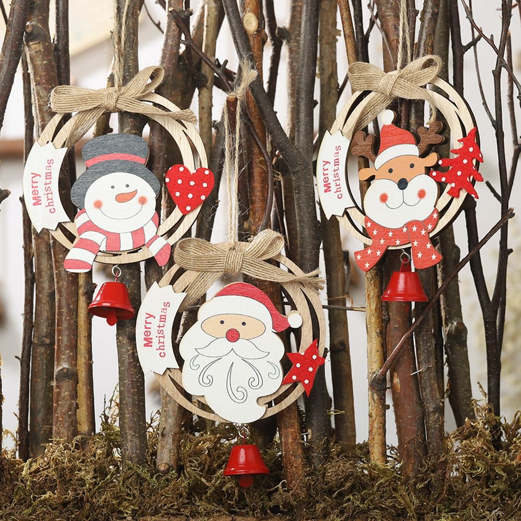 3PCS Wooden Christmas Hanging Ornament Cute Bowknot Bell Wood Christmas Tree Ornament Wreath DIY Accessories For Festival Party-ebowsos