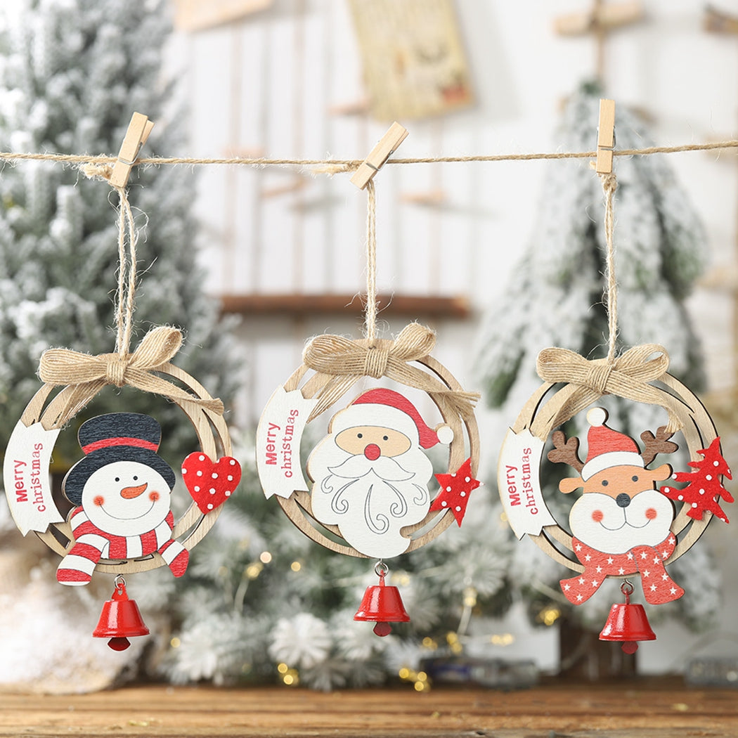 3PCS Wooden Christmas Hanging Ornament Cute Bowknot Bell Wood Christmas Tree Ornament Wreath DIY Accessories For Festival Party-ebowsos