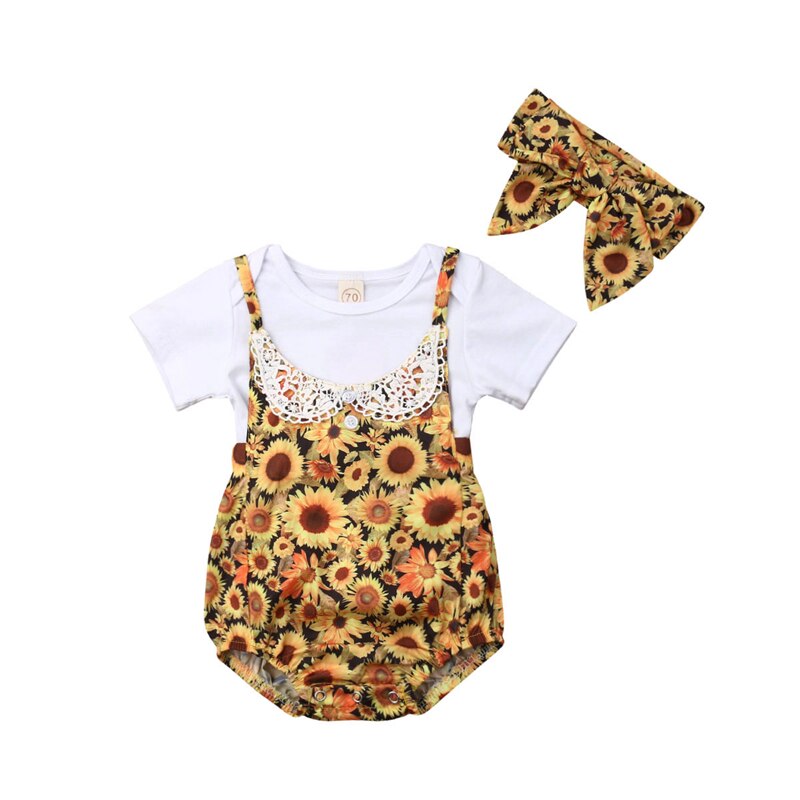 3Pcs Baby Girl Clothes Sunnflower Short Sleeve T-shirt Tops+Suspend Short+Headband - ebowsos