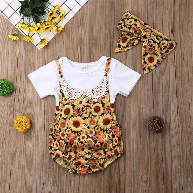 3Pcs Baby Girl Clothes Sunnflower Short Sleeve T-shirt Tops+Suspend Short+Headband - ebowsos