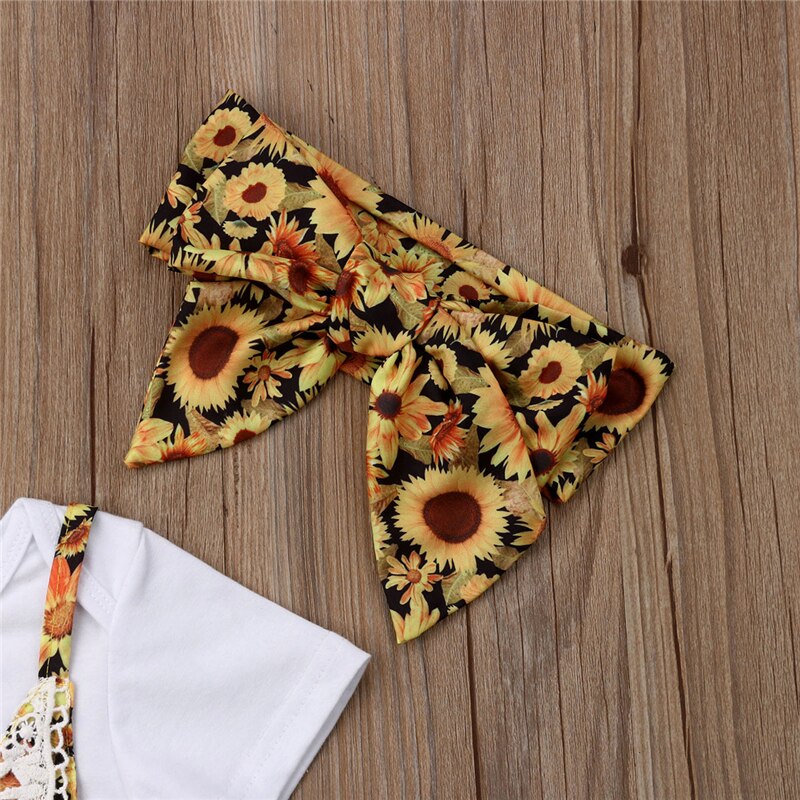 3Pcs Baby Girl Clothes Sunnflower Short Sleeve T-shirt Tops+Suspend Short+Headband - ebowsos