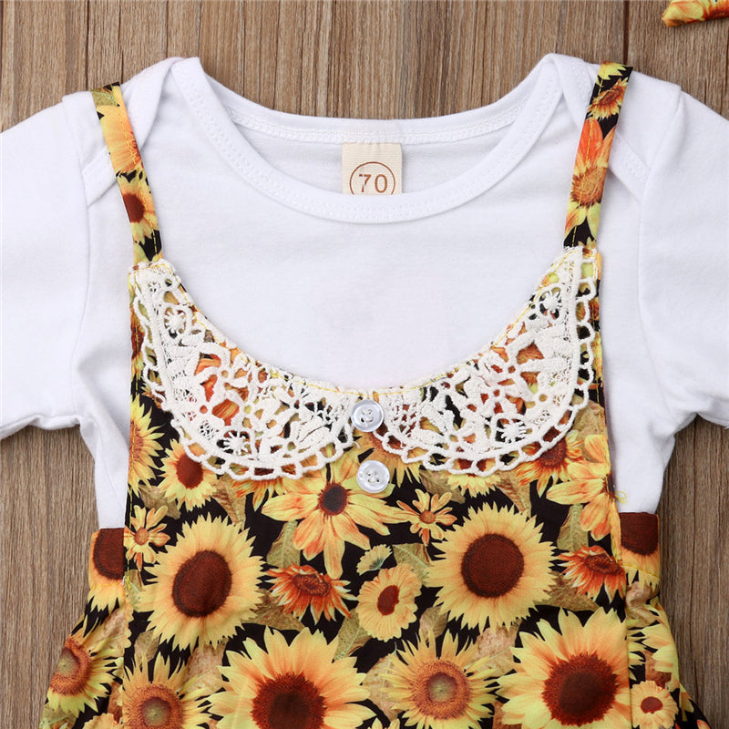 3Pcs Baby Girl Clothes Sunnflower Short Sleeve T-shirt Tops+Suspend Short+Headband - ebowsos