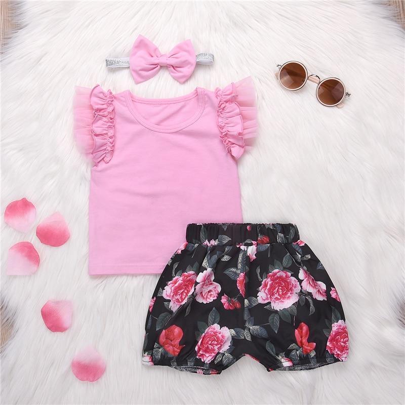 3Pcs Floral Newborn Kids Baby Girl Tops Flying Sleeves Lace Pink T-shirt Shorts Outfits Clothes Summer Cute Set - ebowsos