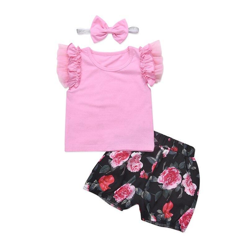 3Pcs Floral Newborn Kids Baby Girl Tops Flying Sleeves Lace Pink T-shirt Shorts Outfits Clothes Summer Cute Set - ebowsos