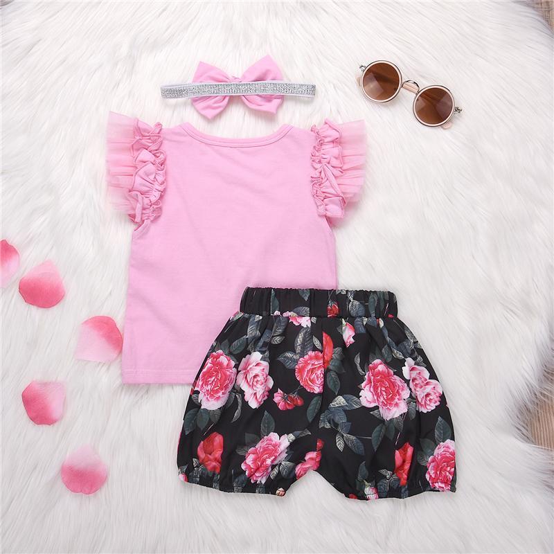 3Pcs Floral Newborn Kids Baby Girl Tops Flying Sleeves Lace Pink T-shirt Shorts Outfits Clothes Summer Cute Set - ebowsos