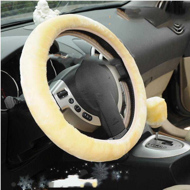 3Pcs High Quality Car-styling Accessories Soft Warm Wool Plush Winter Car Steering Wheel Cover Hand Brake & Gear Shift Cover Set - ebowsos