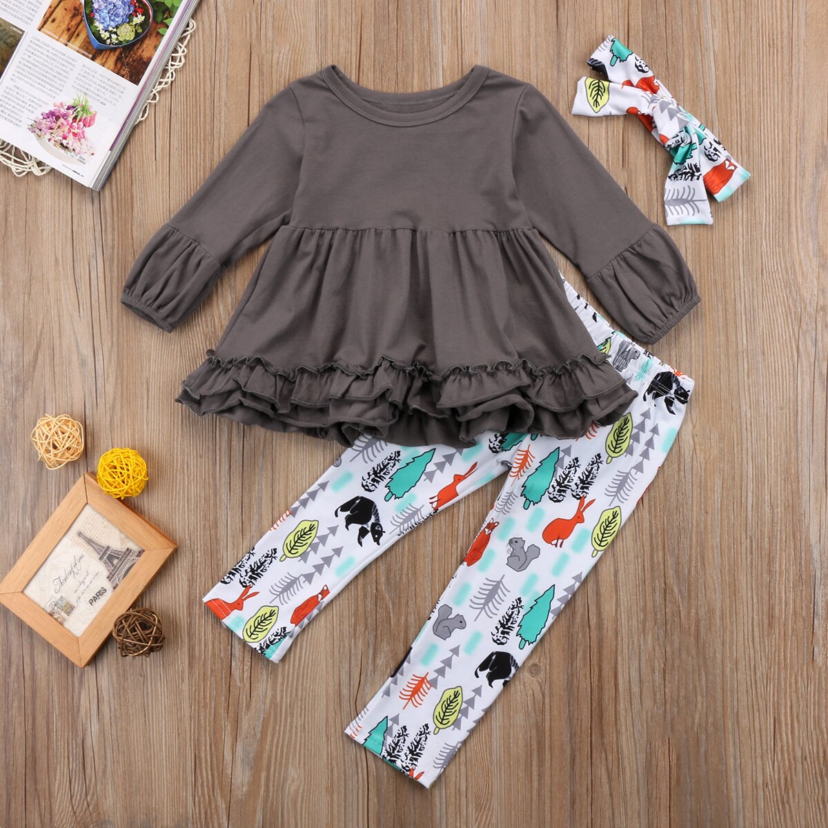 3Pcs Kids Baby Girls Outfits Floral Animals Top Long Sleeve Cotton+Long Pants Leggings Set Clothes - ebowsos