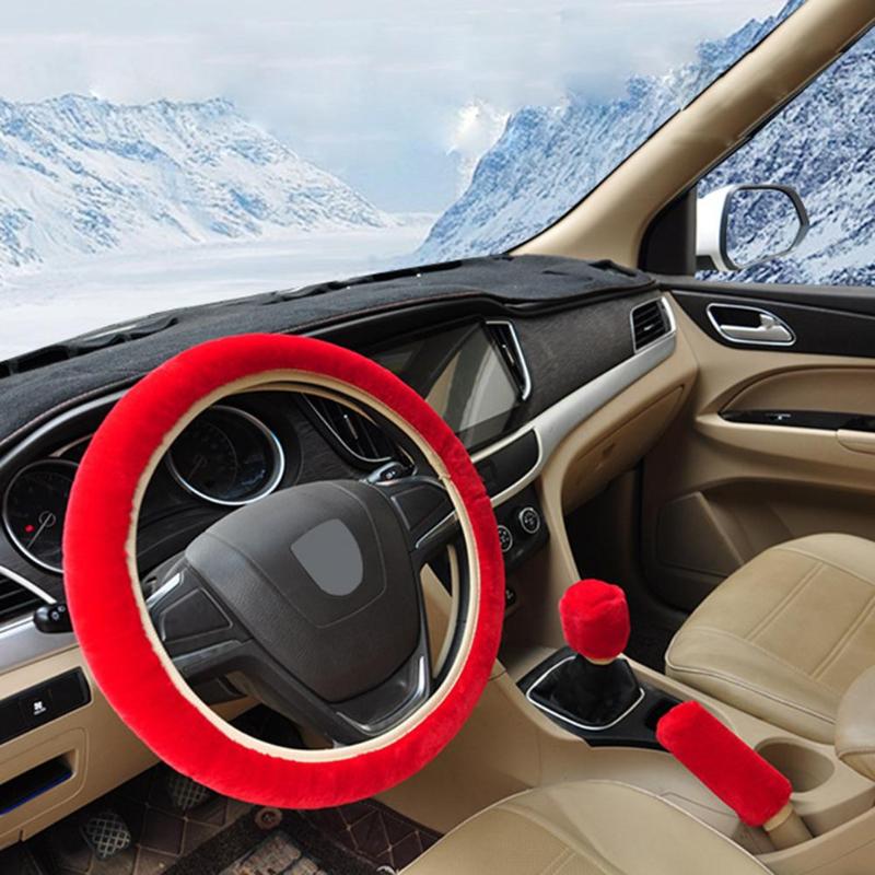 3Pcs/set Universal Winter Warm Plush Car Steering Wheel Cover Handbrake Gear Knob Cover Car Styling Auto Accessories Promotion - ebowsos