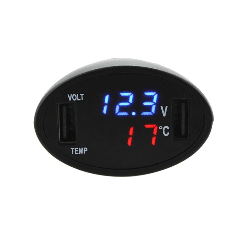 3in1 Digital LED Car Voltmeter Thermometer Auto USB Charger 12V/24V Temperature Meter Voltage Gauge Cigarette Lighter Accessory - ebowsos