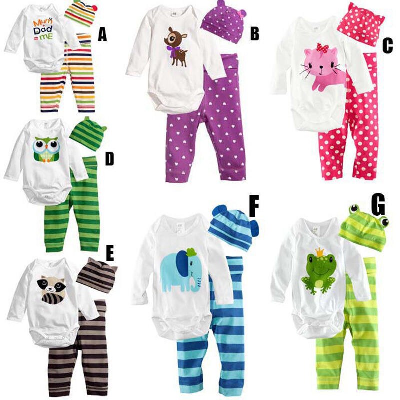 3pcs Cartoon Toddler Kids Baby Girls Long Sleeve T-shirt Top+Pants+Hat Outfit Clothes Set - ebowsos