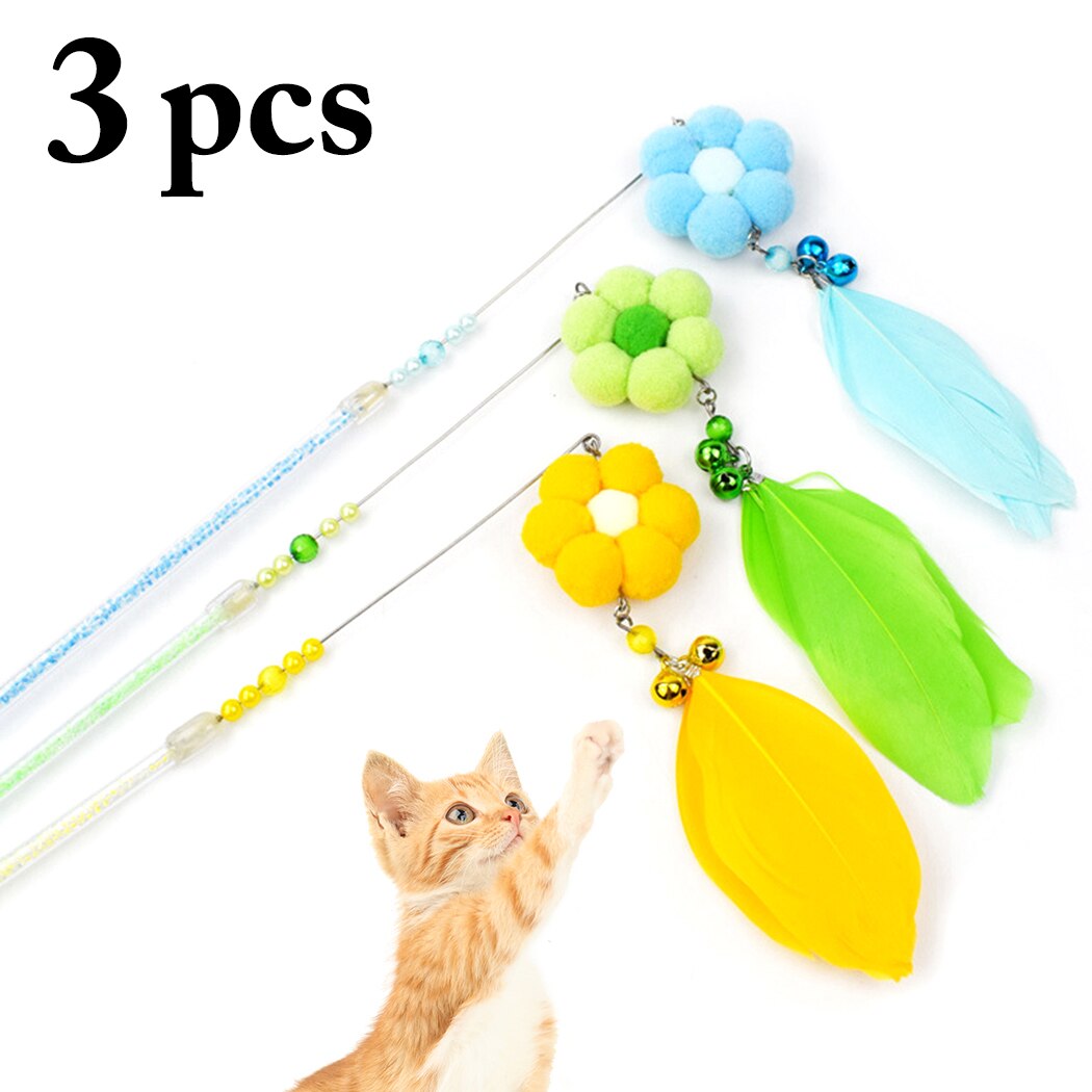 3pcs Funny Cat Toys Cute Flower Bell Artificial Feather Cat Interactive Teaser Toys Pet Supplies-ebowsos