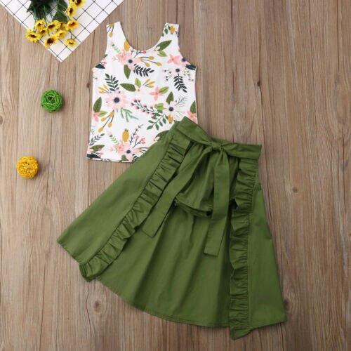 3pcs Kids Baby Girl Clothes Set Sleeveless Floral T Shirt Tops+Shorts+Skirt Outfit Summer - ebowsos