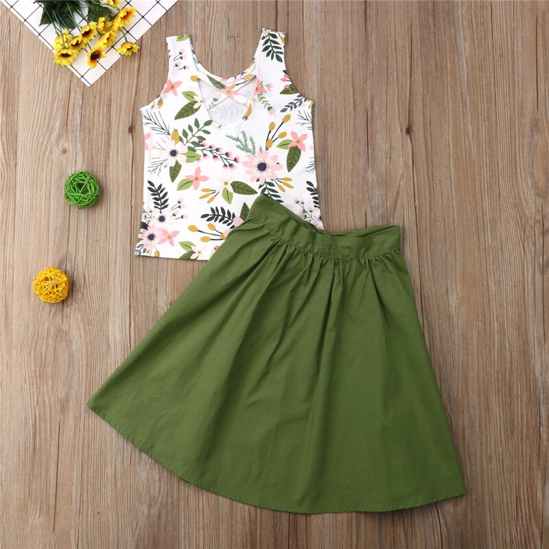 3pcs Kids Baby Girl Clothes Set Sleeveless Floral T Shirt Tops+Shorts+Skirt Outfit Summer - ebowsos