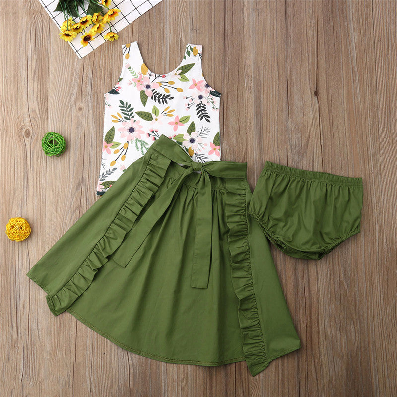 3pcs Kids Baby Girl Clothes Set Sleeveless Floral T Shirt Tops+Shorts+Skirt Outfit Summer - ebowsos