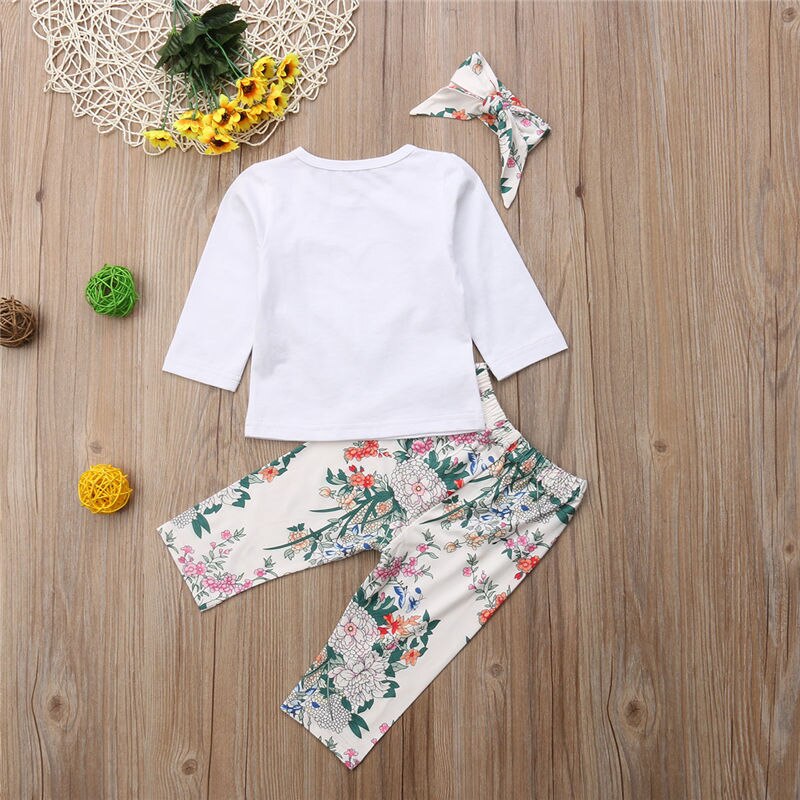 3pcs Suit Newborn Baby Girls Floral Long Sleeve Tops Clothes+Cotton Pants+Headband Outfits Baby Clothing - ebowsos