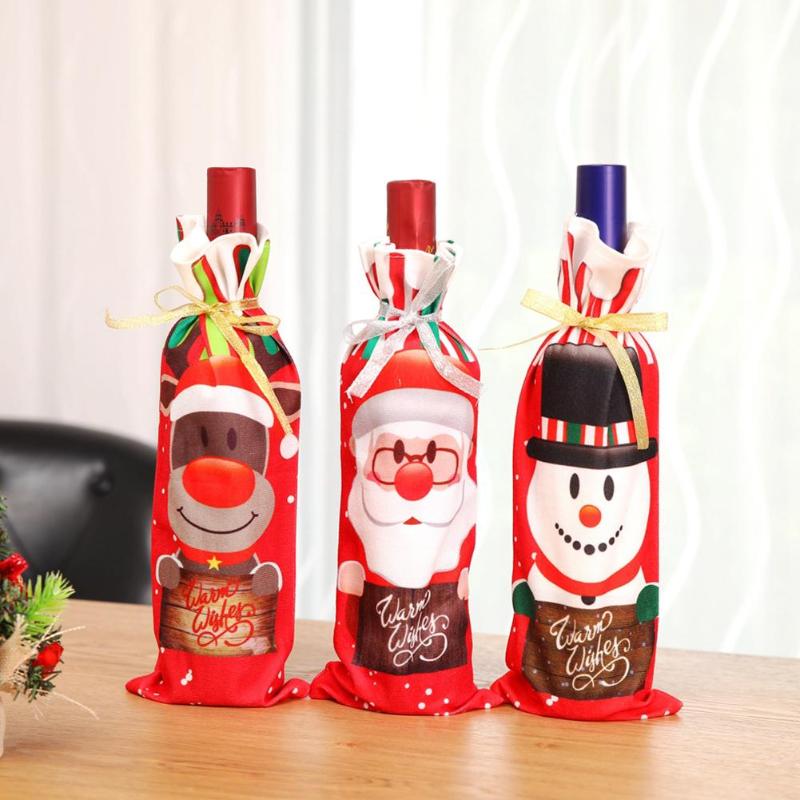 3pcs Wine Bottle Cover Set Santa Claus Snowman Bottle Bag Xmas Party Decor - ebowsos