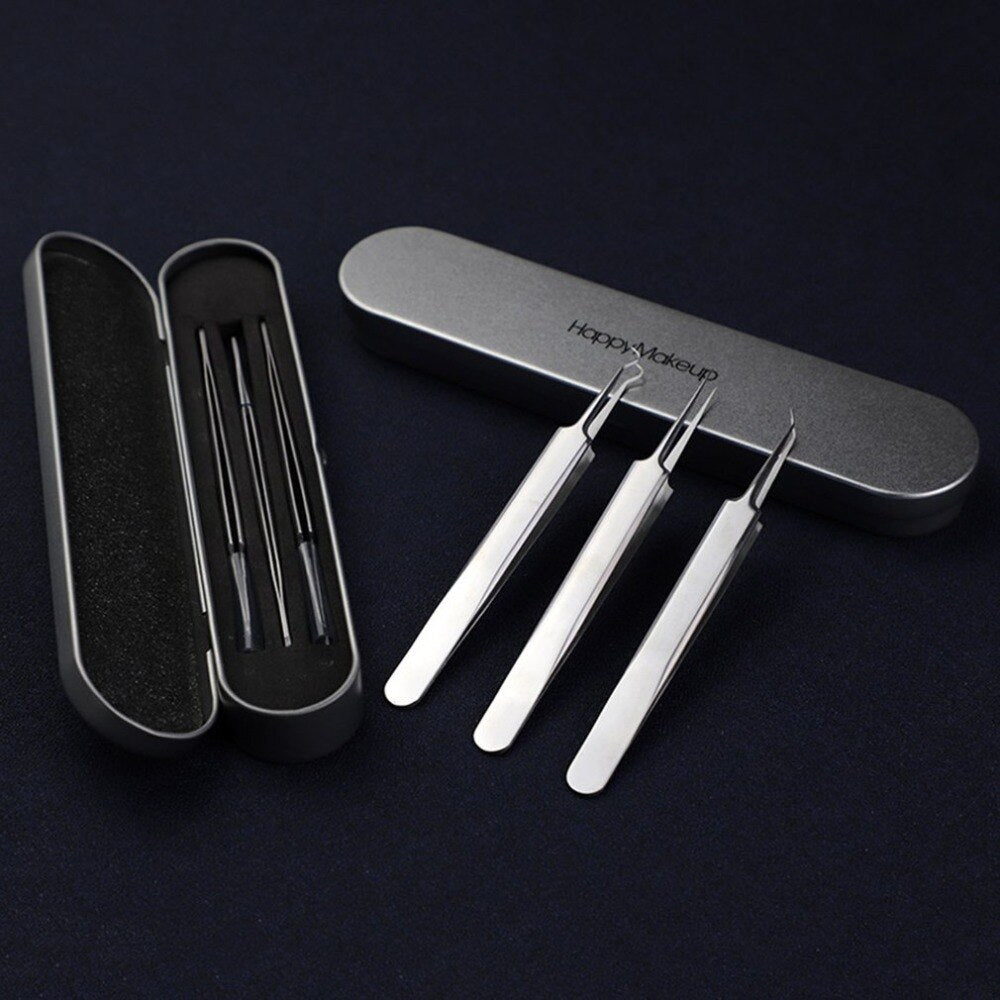 3pcs/box Blackhead Remover Tool Kit Face Skin Care Tools Spot Comedone Acne Needle Clip Pimple Tweezer Blemish Extractor + box - ebowsos