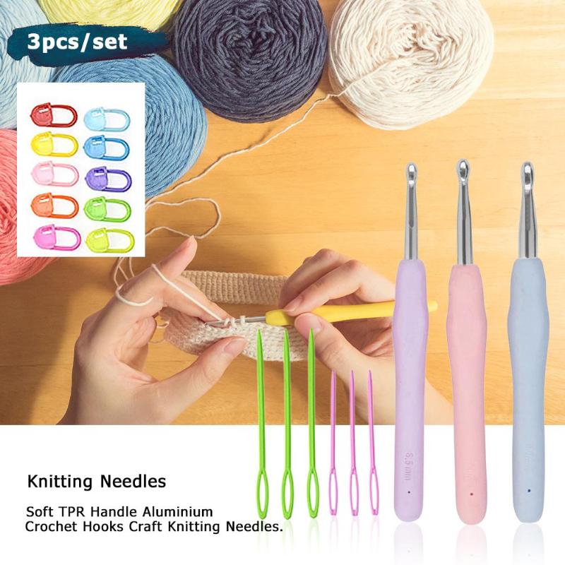 3pcs/set Soft TPR Handle Aluminium Crochet Hooks Craft Knitting Needles Kit - ebowsos