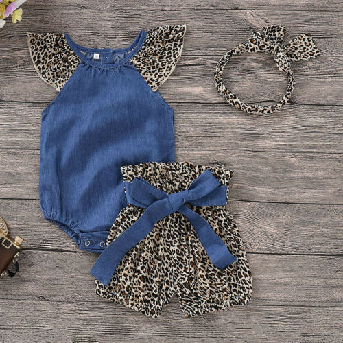 3pcs/set Toddler Kids Baby Girls Clothes Set Denim Sleevless Romper Tops+Leopard Bow Shorts +Headband Summer Baby Girl Outfits - ebowsos