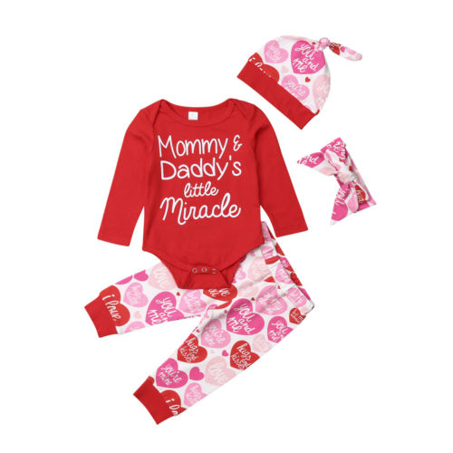 4 pcs Baby Girls Pants Set Newborn Infant Toddler Letter Romper Arrow Heart Pants Hats Headband Clothes - ebowsos