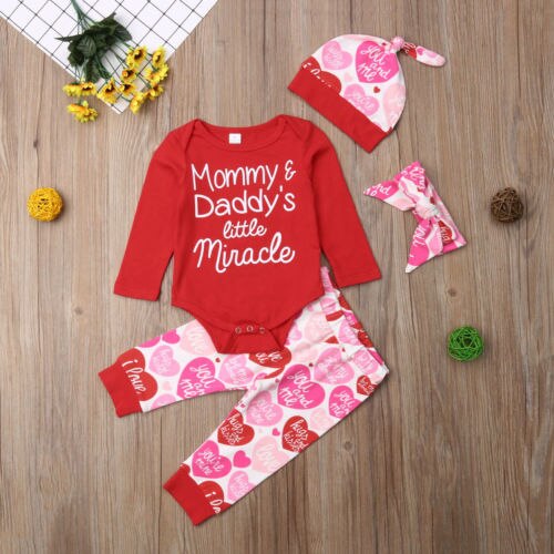 4 pcs Baby Girls Pants Set Newborn Infant Toddler Letter Romper Arrow Heart Pants Hats Headband Clothes - ebowsos