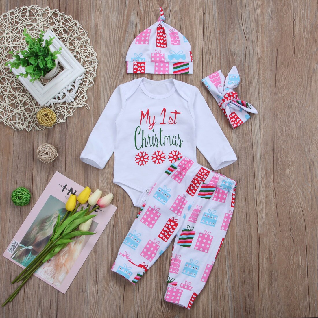 4PCS Set Newborn Baby Boy Girl Clothes Romper Shirt Tops+Long Pants+Hat Outfits - ebowsos