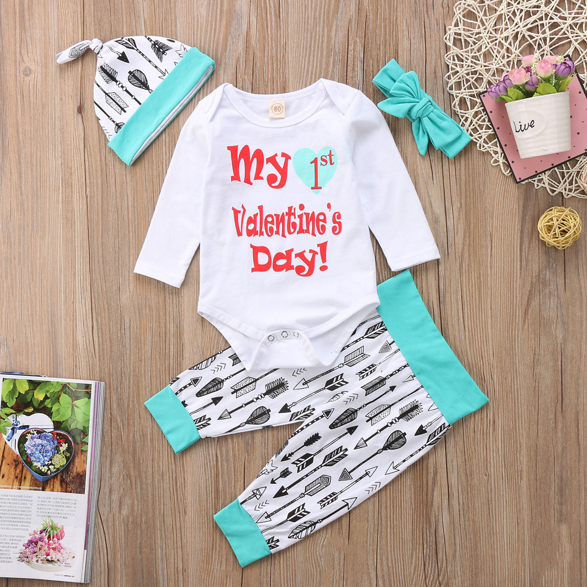 4PCS/Set Newborn Baby Boy Girl Valentine's Bodysuit +Pants Outfit Clothes set - ebowsos