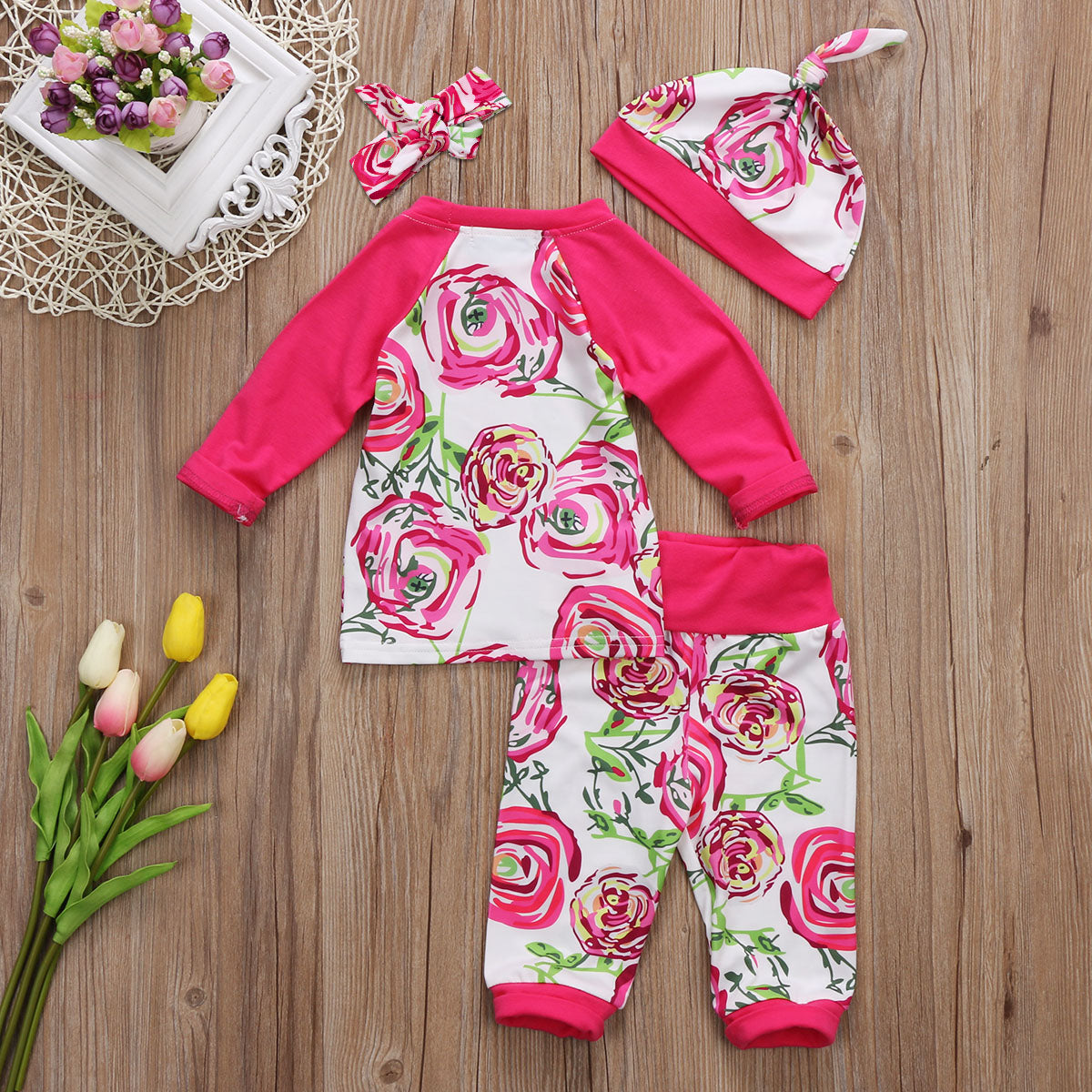 4PCS Toddler Infant Baby Warm Girls Flower Tops Long Pants Outfits Clothes Set - ebowsos