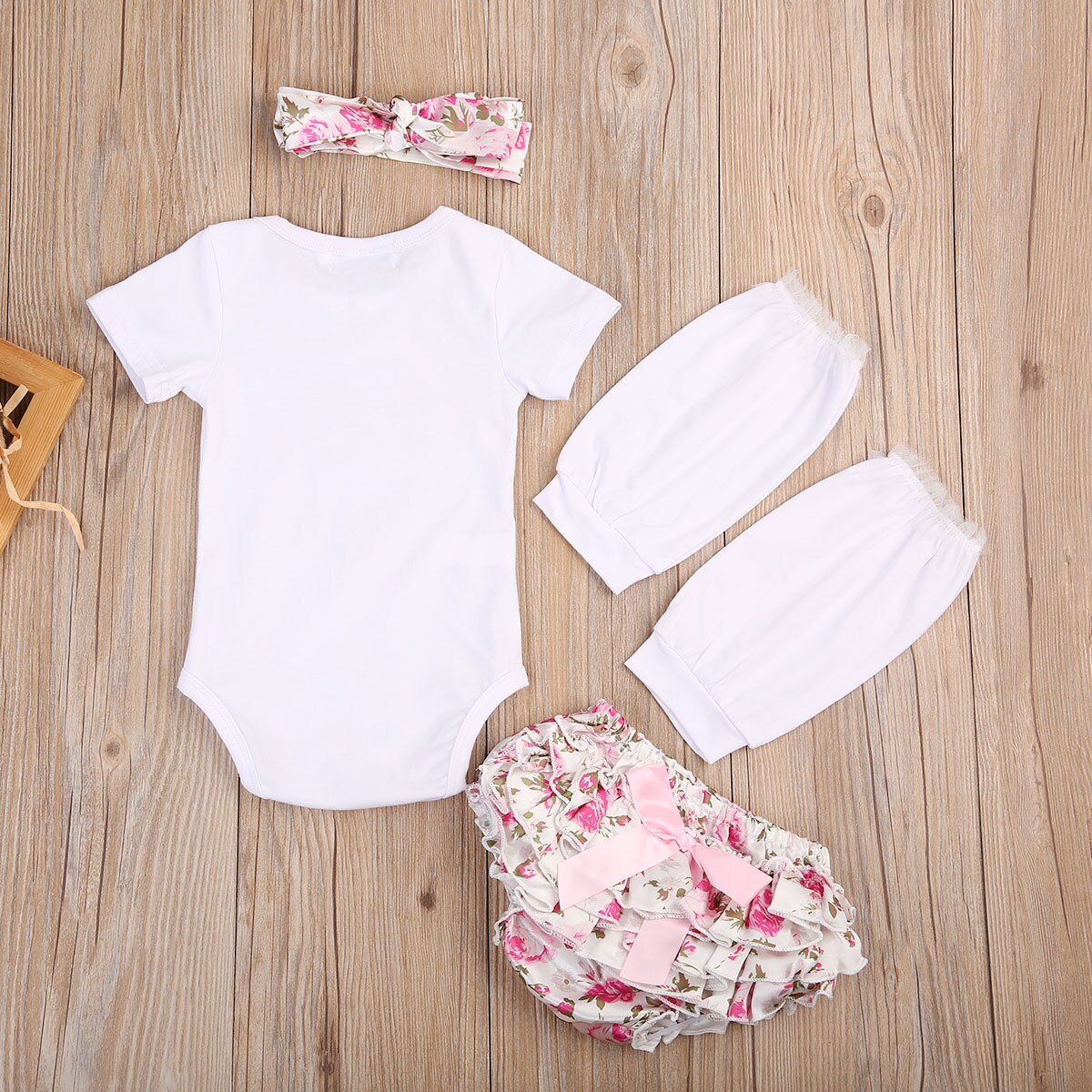 4Pcs Baby Girl Summer Short Sleeve Tops Romper Floral Pants Outfits Set Clothes - ebowsos