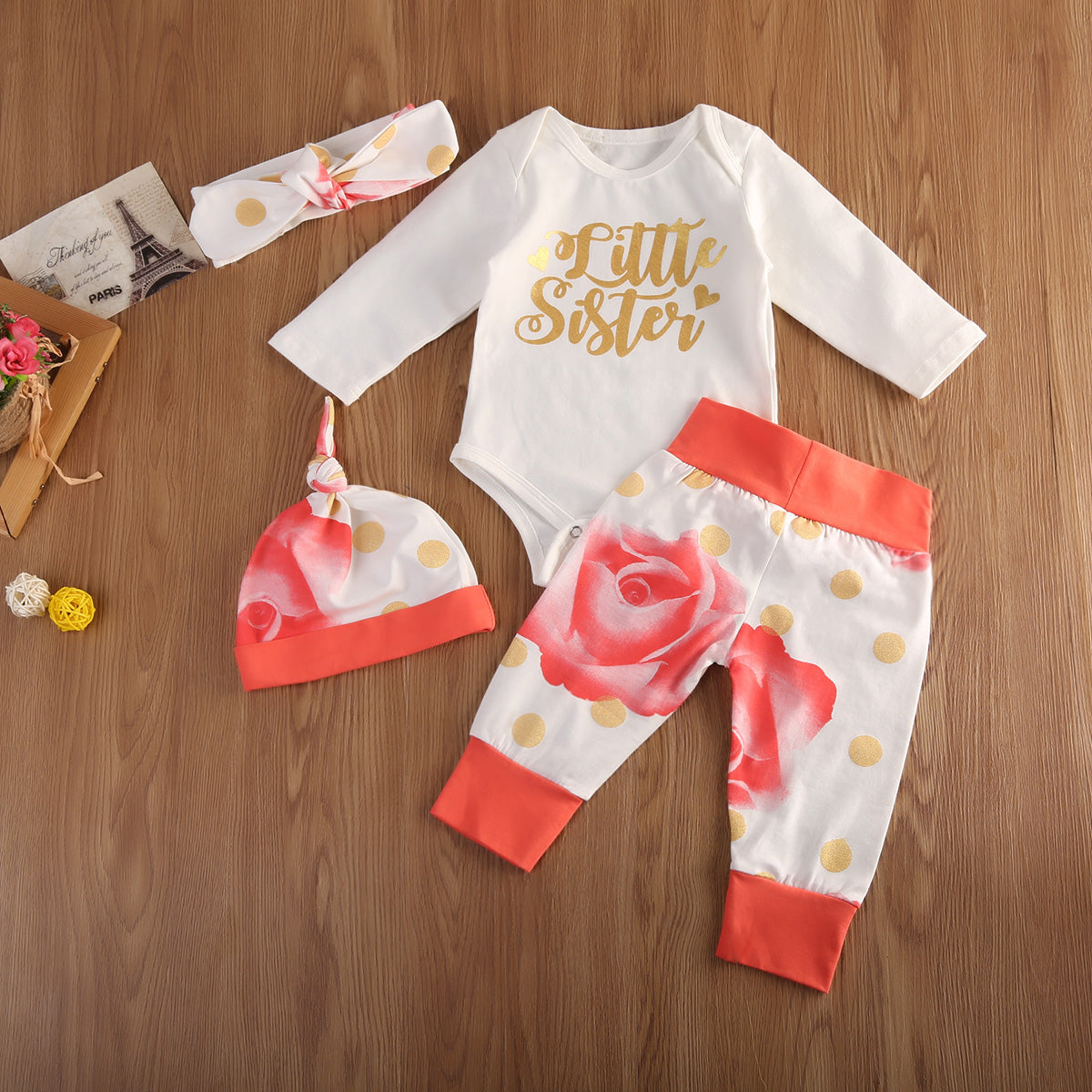 4Pcs Set Infant Baby Girls Flower Romper Long Pants Leggings Hat Outfits Clothes set - ebowsos