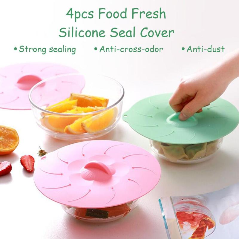 4pcs Food Fresh Silicone Seal Cover Microwave Fruit Bowl Wrap Lid Cookware Suction Caps for Cups Bowls Plates Containers - ebowsos