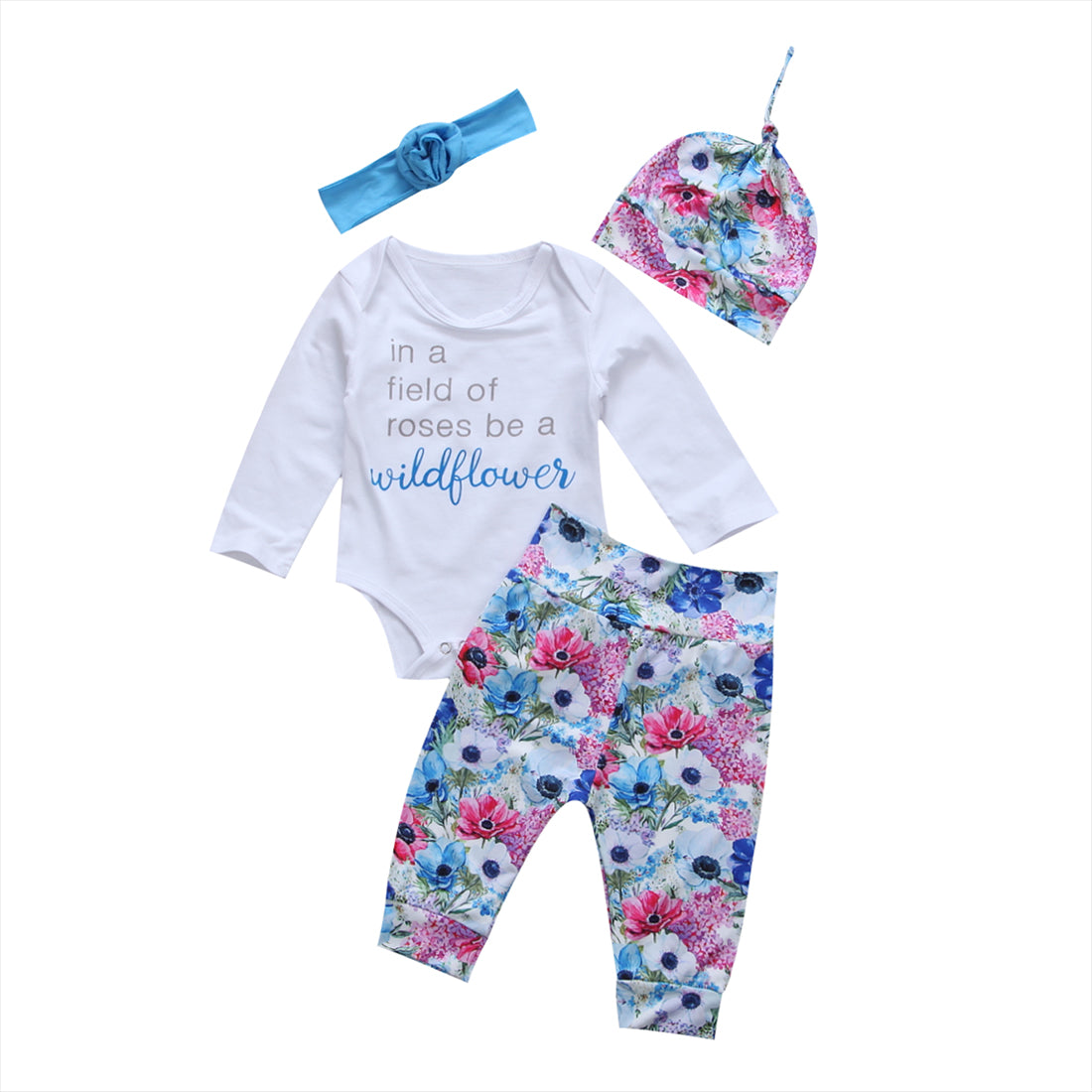 4pcs Kid Baby Girl Clothes Jumpsuit  Bodysuit Floral Long Pants Outfit Set - ebowsos