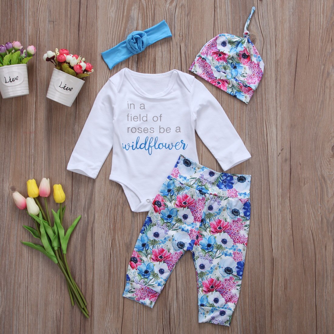 4pcs Kid Baby Girl Clothes Jumpsuit  Bodysuit Floral Long Pants Outfit Set - ebowsos