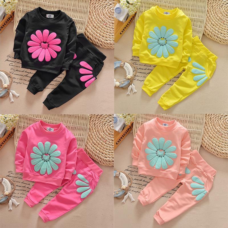 5 COLORS 2Pcs Infant Baby Girls Kids Long Sleeve Sun Flower T-shirt Tops+Pants Outfit Set - ebowsos